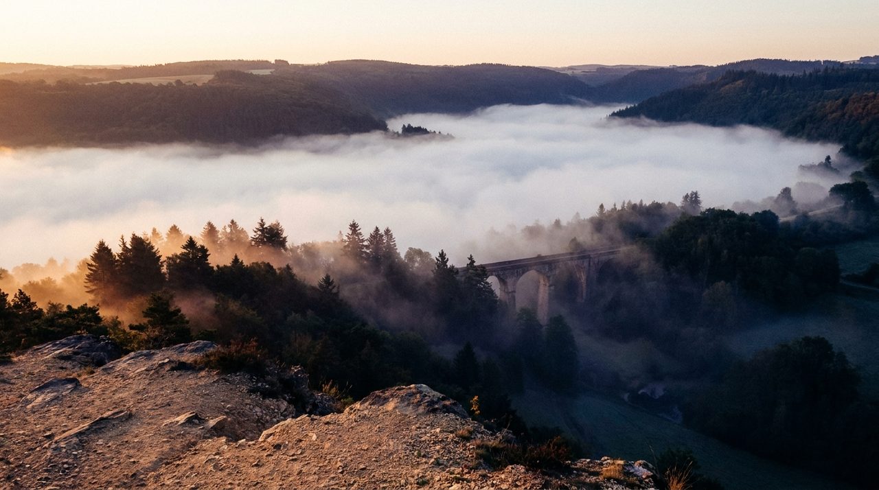 Example result for the prompt: Morning fog in a valley